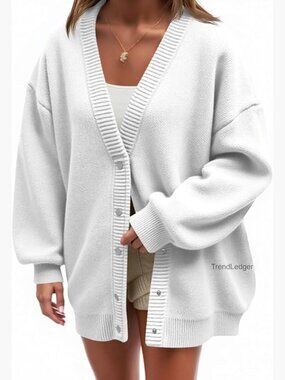 Oversized Chunky Cardigan Sweater, V-Neck Button Down, Recycled Knit